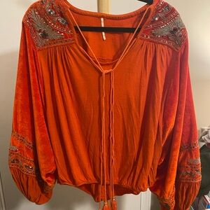 Free People Orange Embroidered Blouse